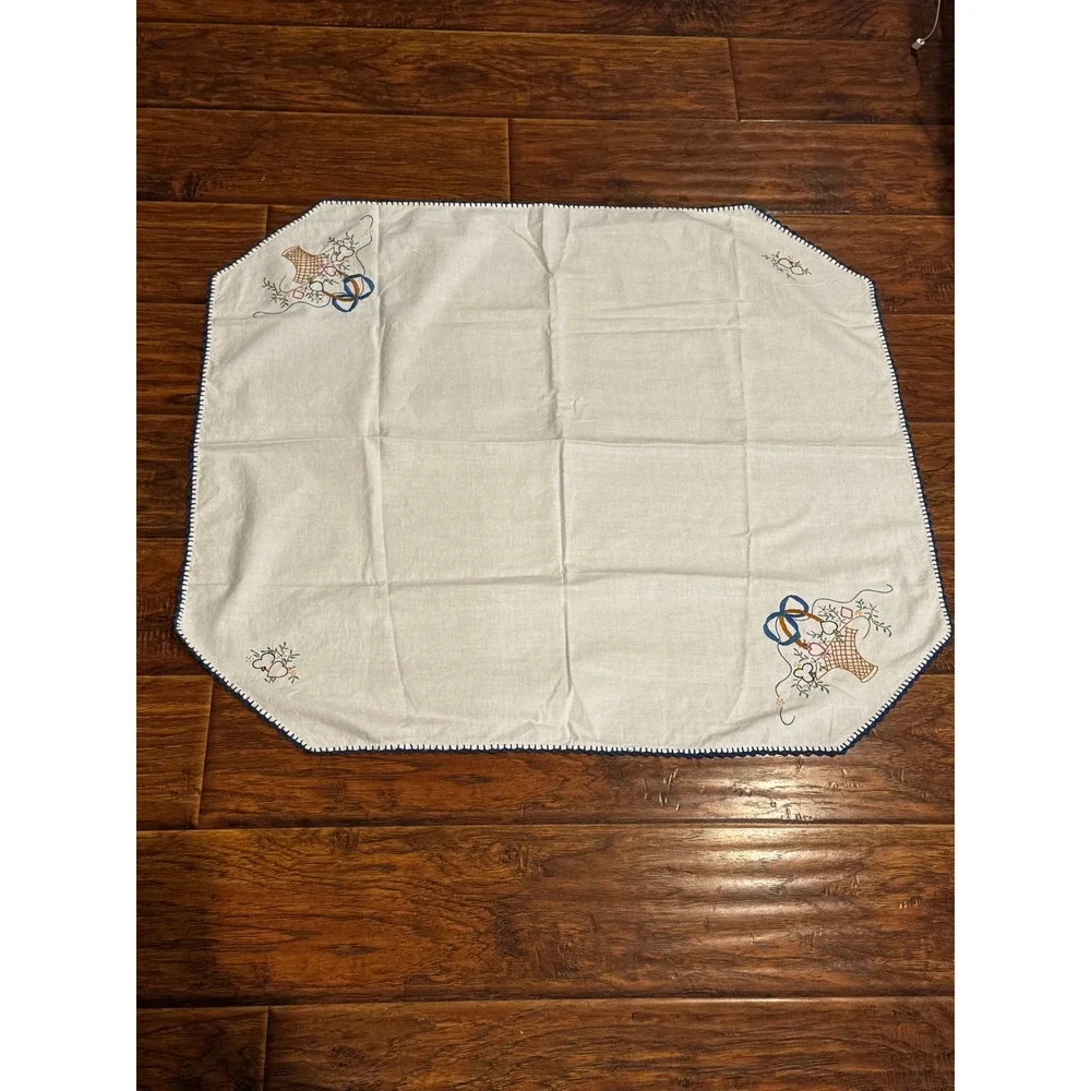 Vintage Handmade Embroidered Table Topper 30x33 Blue Floral Cottage Farmhouse